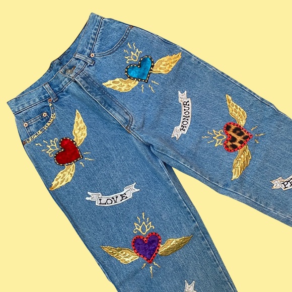 90s VINTAGE HIGH WAIST JEANS HAND PAINTED PATCHWORK TATTOOS SIZE 28 waist - Picture 2 of 4
